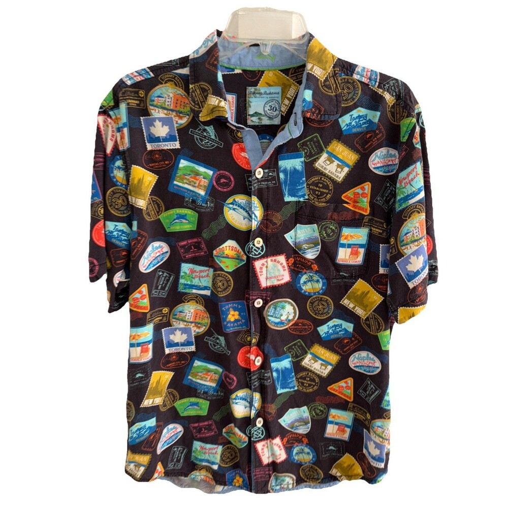 EUC Tommy Bahama 30th Anniv Veracruz Cay Tropic Travels Stamps Button Shirt Med